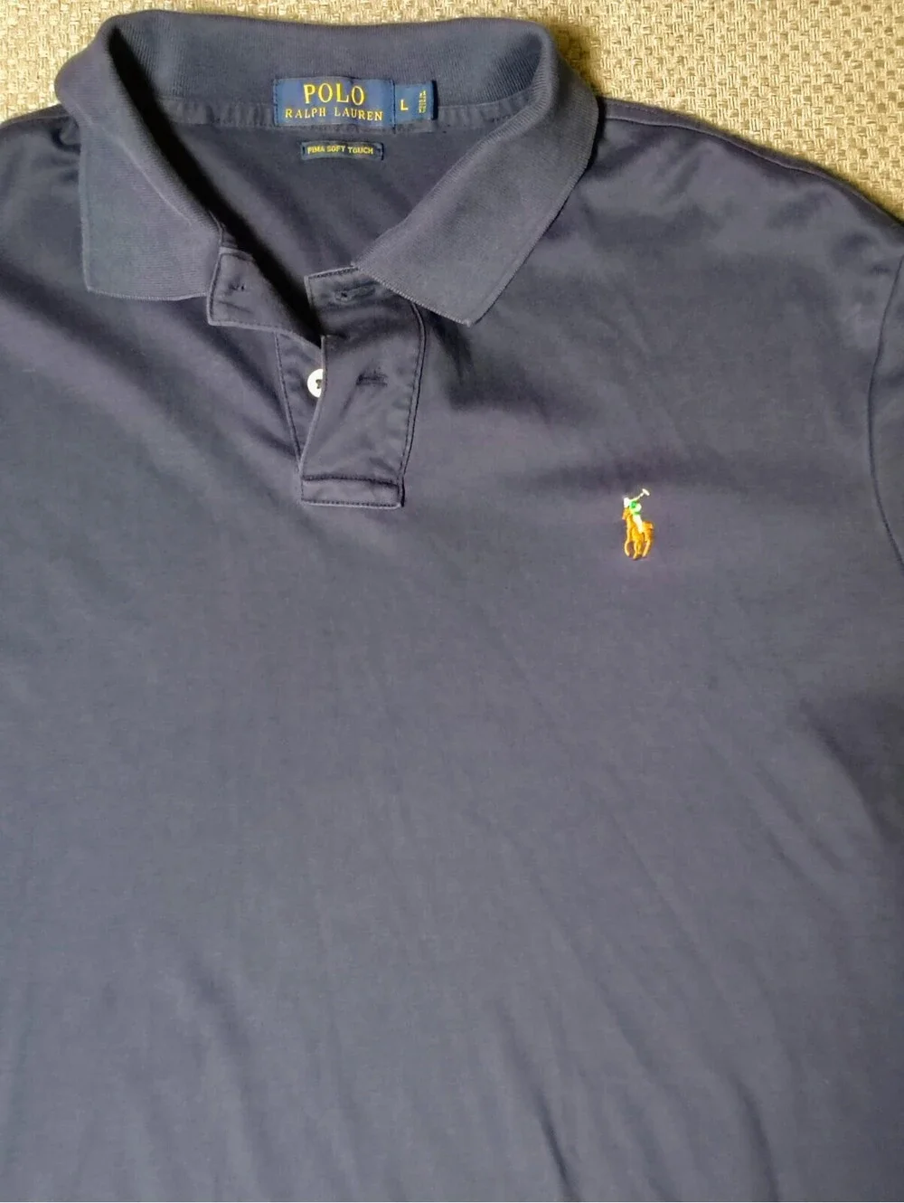 Polo Ralph Lauren Shirt Men's Large Navy Blue Pima Soft Touch Multi Color Pony